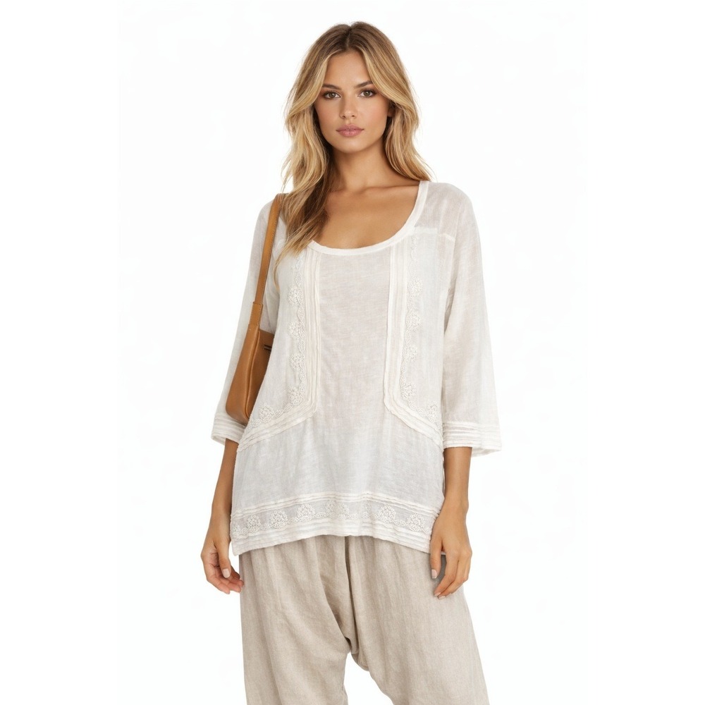 Patterson J. Kincaid White 100% Linen Beaded Lace 3/4 Sleeve Top Blouse M‎